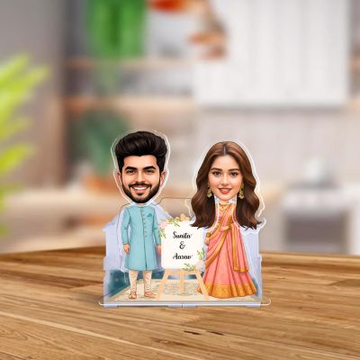 Personalized Indian Couple Bobblehead Caricature with Battery Powered Shaking Head Feature Custom Couple Cartoon Face Cutout Wedding Gift for Friends, Brother, Sister & Colleagues